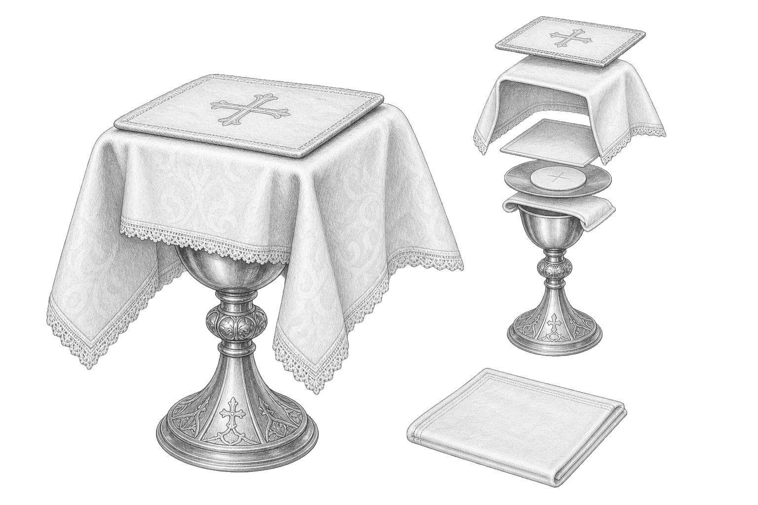 Pencil study: Burse · Chalice · Chalice pall · Chalice veil · Corporal · Paten · Purificator