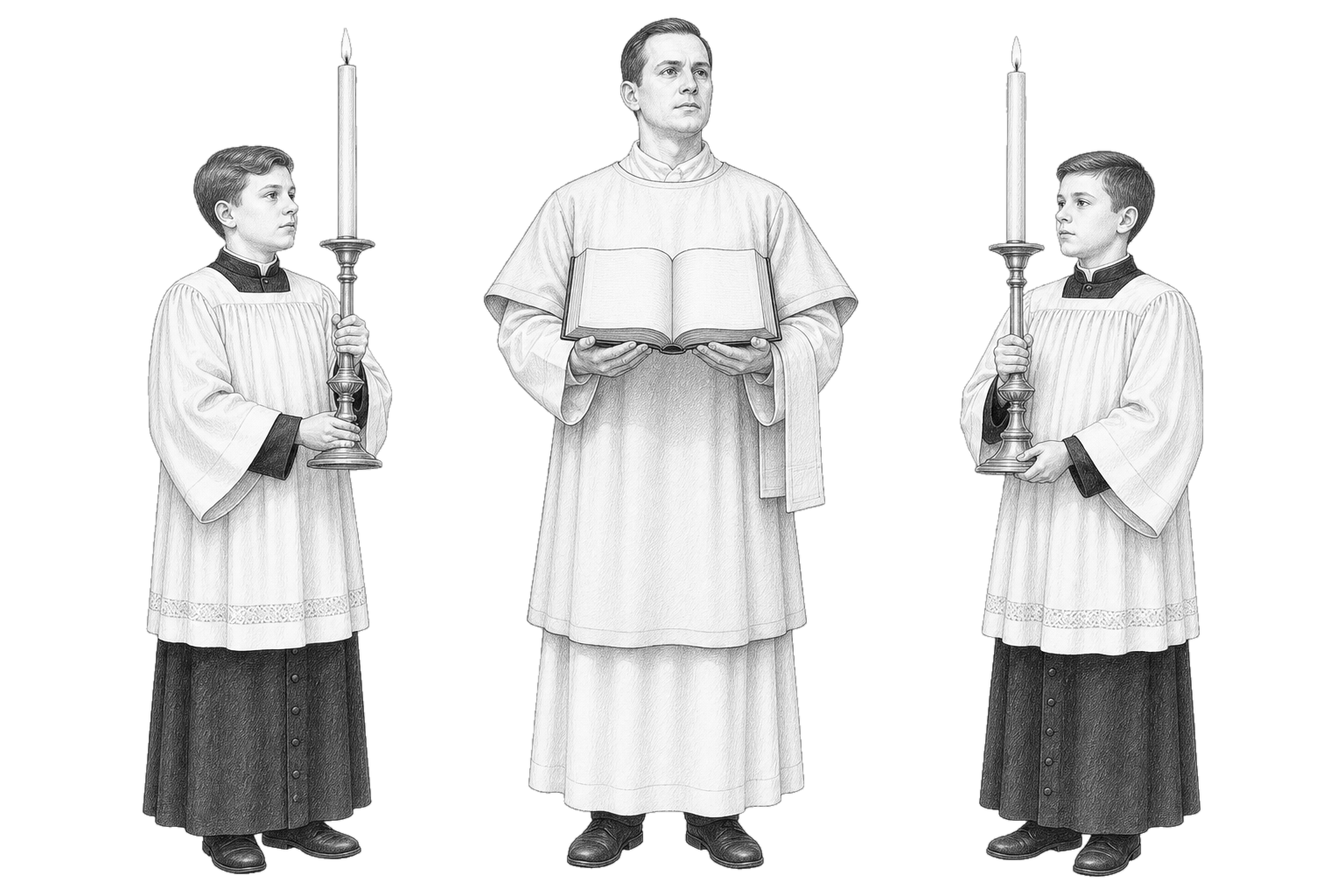 Pencil study: Acolyte candlestick · Gospel book
