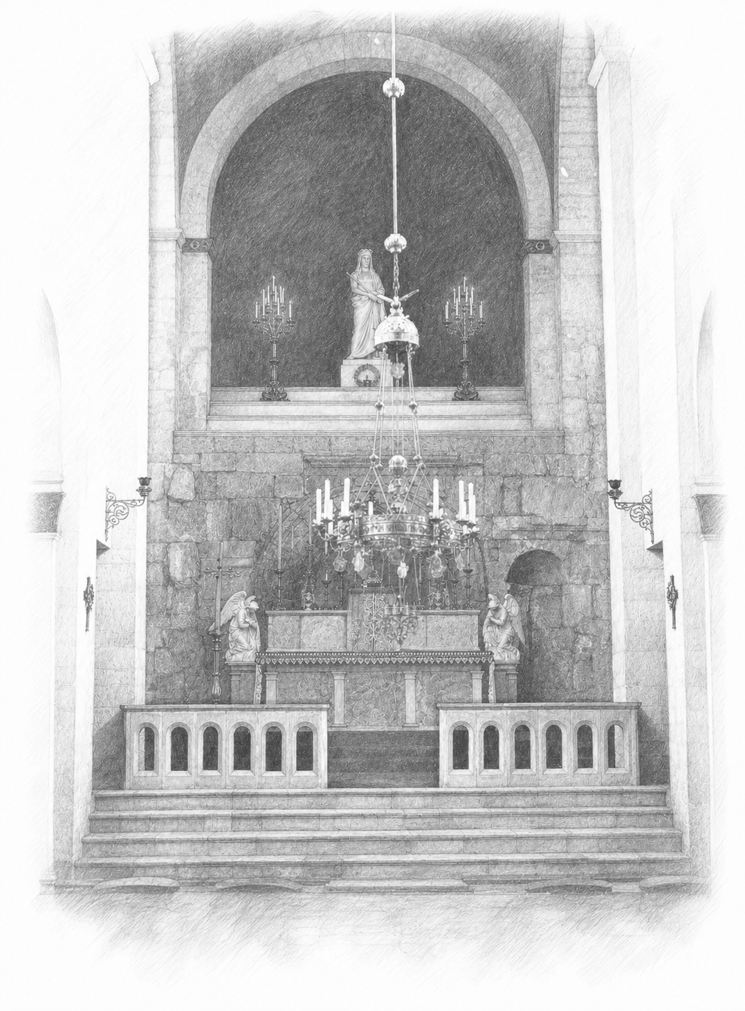 Pencil study: Altar candle · Altar candlestick · Communion rail